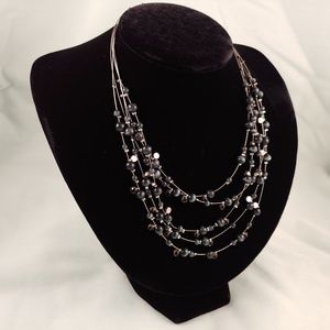 Bead Rhinestone Wire Necklace Black Gray Silver 5 Strands Nylon 15"-18"